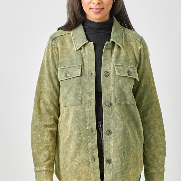 MYSTREE Mineral Wash Utility Shacket, Olive Green Button-Up Jacket - Picture 1 of 4